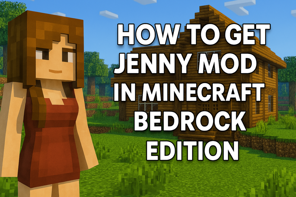 Screenshot of Minecraft showing Jenny Mod character in front of a wooden house with cars, representing a tutorial on how to install the latest Jenny Mod version in 2025.