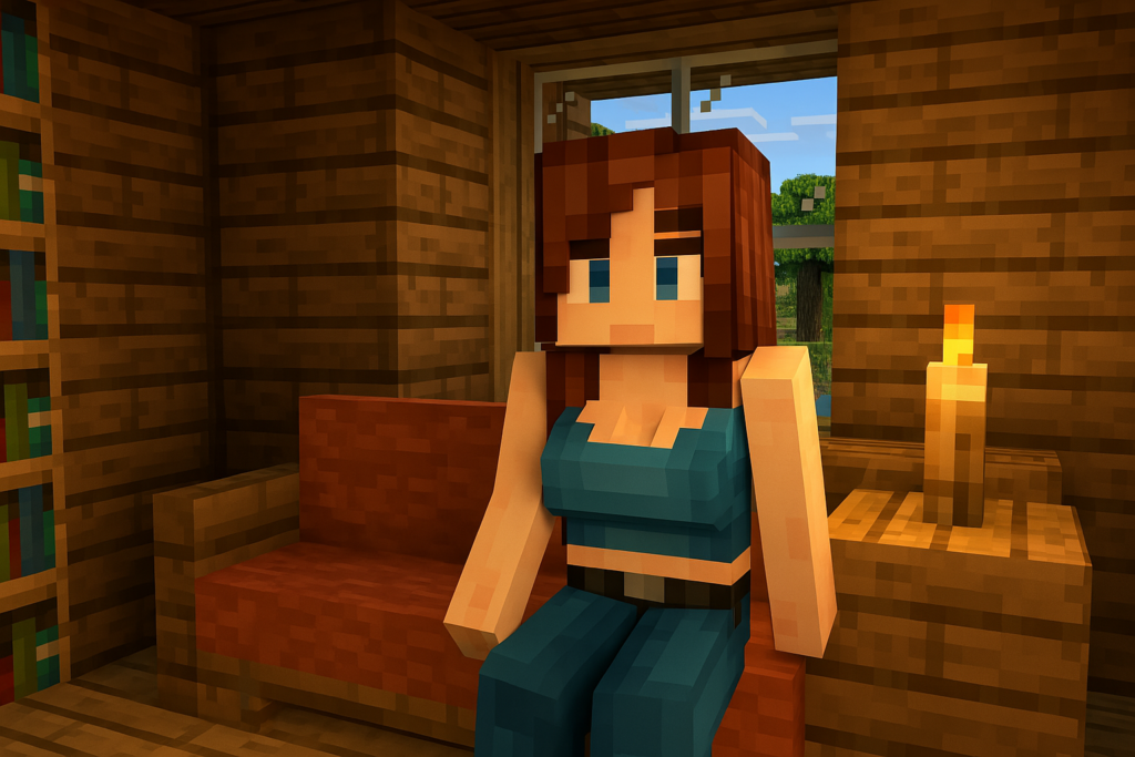 Minecraft scene of Jenny Mod character sitting on a red couch in a wooden house interior, beside a candle and bookshelf, showcasing in-game mod interaction.