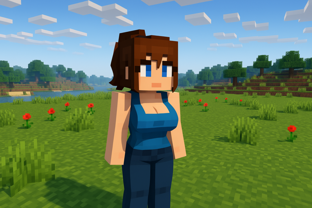 Minecraft comparison-style image showing a vibrant world with the Jenny Mod character, trees, flowers, and a custom house — representing the enhanced gameplay after mod installation.