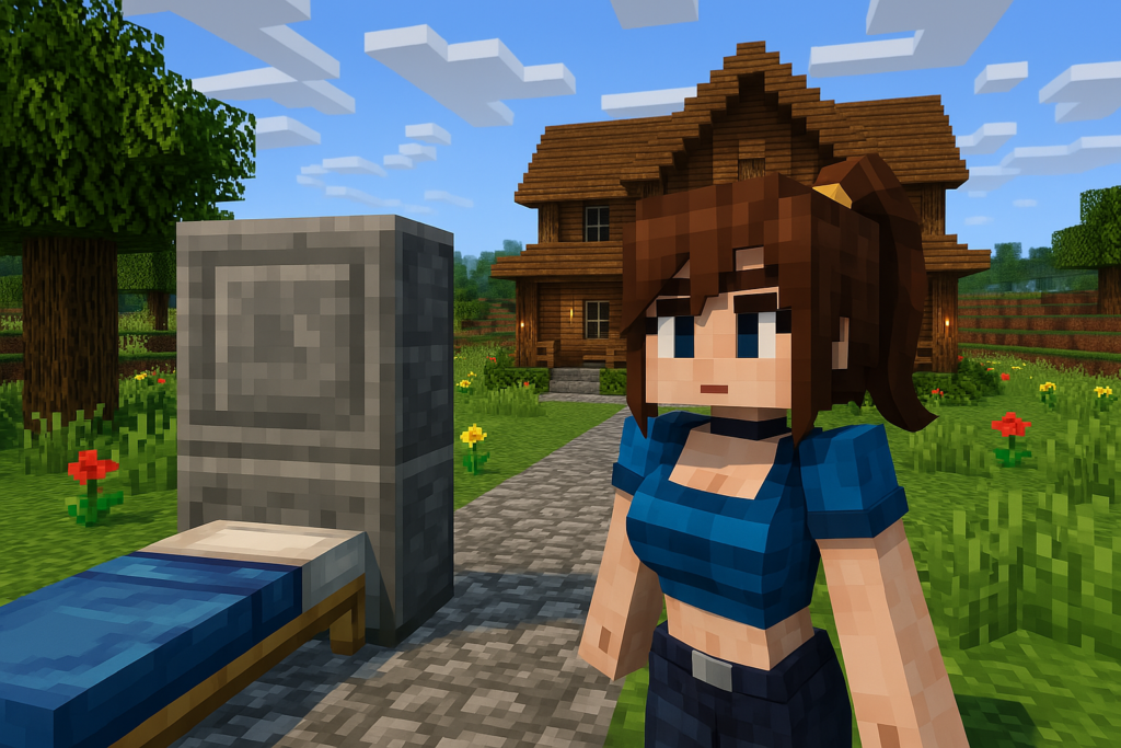 Minecraft Bedrock screenshot showing Jenny Mod character standing in a vibrant outdoor field with flowers and forest background, ready for interaction.